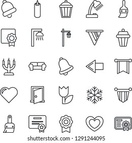 Thin Line Icon Set - left arrow vector, pennant, garden light, heart, tulip, themes, bell, sertificate, desk lamp, cushioned furniture, candle, snowflake, outdoor, door, pennon, certificate