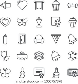 Thin Line Icon Set - left arrow vector, pennant, butterfly, garden light, heart, tulip, themes, bell, sertificate, cushioned furniture, restaurant table, candle, snowflake, outdoor lamp, door