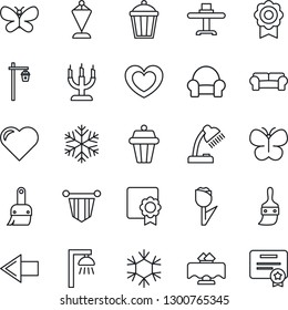 Thin Line Icon Set - left arrow vector, pennant, butterfly, garden light, heart, tulip, themes, sertificate, desk lamp, cushioned furniture, restaurant table, candle, snowflake, outdoor, certificate