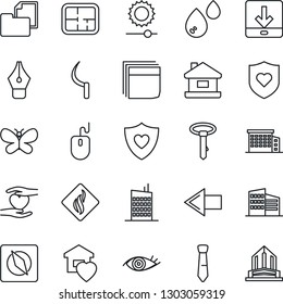 Thin Line Icon Set - left arrow vector, mouse, butterfly, sickle, heart shield, hand, eye, folder document, download, brightness, compass, ink pen, blank box, tie, house, plan, office building, city