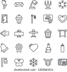 Thin Line Icon Set - left arrow vector, pennant, butterfly, garden light, heart, tulip, themes, bell, sertificate, desk lamp, cushioned furniture, restaurant table, candle, snowflake, outdoor, door