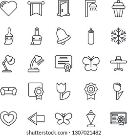 Thin Line Icon Set - left arrow vector, pennant, butterfly, heart, tulip, themes, bell, sertificate, desk lamp, cushioned furniture, restaurant table, candle, snowflake, outdoor, door, pennon