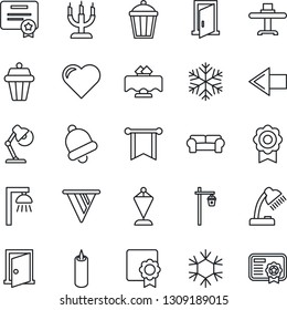 Thin Line Icon Set - left arrow vector, pennant, garden light, heart, bell, sertificate, desk lamp, cushioned furniture, restaurant table, candle, snowflake, outdoor, door, pennon, certificate