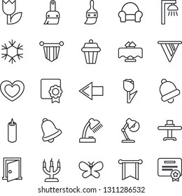 Thin Line Icon Set - left arrow vector, pennant, butterfly, heart, tulip, themes, bell, sertificate, desk lamp, cushioned furniture, restaurant table, candle, snowflake, outdoor, door, pennon