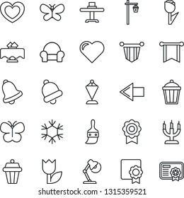 Thin Line Icon Set - left arrow vector, pennant, butterfly, garden light, heart, tulip, themes, bell, sertificate, desk lamp, cushioned furniture, restaurant table, candle, snowflake, outdoor