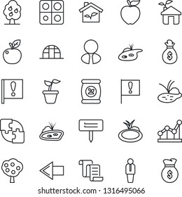 Thin Line Icon Set - left arrow vector, manager, contract, seedling, plant label, greenhouse, pond, fertilizer, important flag, application, point graph, fruit tree, estate agent, apple, eco house