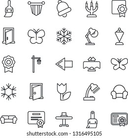 Thin Line Icon Set - left arrow vector, pennant, butterfly, garden light, tulip, themes, bell, sertificate, desk lamp, cushioned furniture, restaurant table, candle, snowflake, door, certificate