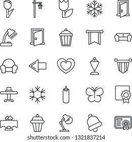 Thin Line Icon Set - left arrow vector, pennant, butterfly, garden light, heart, tulip, bell, sertificate, desk lamp, cushioned furniture, restaurant table, candle, snowflake, outdoor, door, pennon