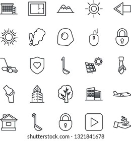 Thin Line Icon Set - left arrow vector, sun, plane, lock, mouse, tree, lawn mower, house, heart shield, joint, play button, office building, tie, panel, mountains, plan, ladle, omelette