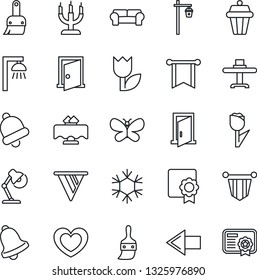 Thin Line Icon Set - left arrow vector, pennant, butterfly, garden light, heart, tulip, themes, bell, sertificate, desk lamp, cushioned furniture, restaurant table, candle, snowflake, outdoor, door