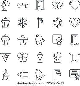 Thin Line Icon Set - left arrow vector, pennant, butterfly, garden light, heart, themes, bell, sertificate, desk lamp, cushioned furniture, restaurant table, candle, snowflake, outdoor, door, pennon