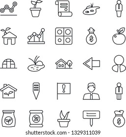 Thin Line Icon Set - left arrow vector, manager, contract, seedling, plant label, greenhouse, pond, fertilizer, important flag, application, point graph, house with tree, estate agent, apple fruit