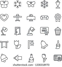 Thin Line Icon Set - left arrow vector, pennant, butterfly, garden light, heart, tulip, themes, bell, sertificate, desk lamp, cushioned furniture, restaurant table, snowflake, outdoor, door, pennon