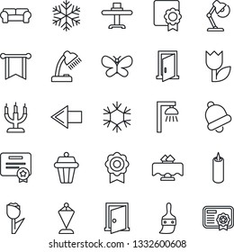 Thin Line Icon Set - left arrow vector, pennant, butterfly, tulip, themes, bell, sertificate, desk lamp, cushioned furniture, restaurant table, candle, snowflake, outdoor, door, pennon, certificate