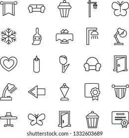Thin Line Icon Set - left arrow vector, pennant, butterfly, garden light, heart, tulip, themes, sertificate, desk lamp, cushioned furniture, restaurant table, candle, snowflake, outdoor, door