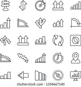 Thin Line Icon Set - left arrow vector, growth statistic, crisis graph, route, signpost, navigation, up side sign, sorting, update, data exchange, compass, bar, target, clock, presentation
