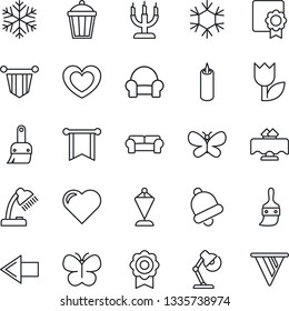 Thin Line Icon Set - left arrow vector, pennant, butterfly, garden light, heart, tulip, themes, bell, sertificate, desk lamp, cushioned furniture, restaurant table, candle, snowflake, pennon