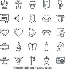 Thin Line Icon Set - left arrow vector, pennant, butterfly, garden light, heart, tulip, themes, bell, sertificate, desk lamp, cushioned furniture, restaurant table, candle, outdoor, door, pennon