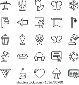 Thin Line Icon Set - left arrow vector, pennant, butterfly, garden light, heart, tulip, themes, sertificate, desk lamp, cushioned furniture, restaurant table, candle, snowflake, outdoor, pennon