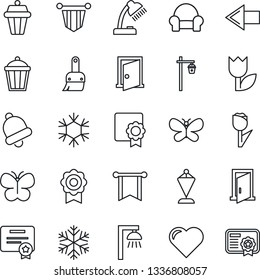 Thin Line Icon Set - left arrow vector, pennant, butterfly, garden light, heart, tulip, themes, bell, sertificate, desk lamp, cushioned furniture, snowflake, outdoor, door, pennon, certificate