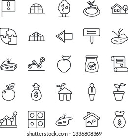 Thin Line Icon Set - left arrow vector, manager, contract, seedling, plant label, greenhouse, pond, fertilizer, important flag, application, point graph, house with tree, fruit, apple, eco