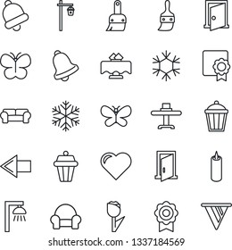 Thin Line Icon Set - left arrow vector, butterfly, garden light, heart, tulip, themes, bell, sertificate, cushioned furniture, restaurant table, candle, snowflake, outdoor lamp, door, pennon