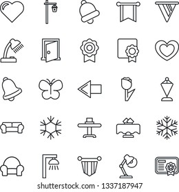 Thin Line Icon Set - left arrow vector, pennant, butterfly, garden light, heart, tulip, bell, sertificate, desk lamp, cushioned furniture, restaurant table, snowflake, outdoor, door, pennon
