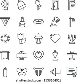 Thin Line Icon Set - left arrow vector, pennant, butterfly, garden light, heart, tulip, themes, bell, sertificate, desk lamp, cushioned furniture, restaurant table, candle, snowflake, outdoor, door