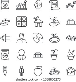 Thin Line Icon Set - left arrow vector, manager, contract, seedling, plant label, greenhouse, pond, fertilizer, application, point graph, house with tree, fruit, estate agent, apple, eco