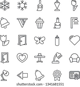 Thin Line Icon Set - left arrow vector, pennant, butterfly, heart, tulip, themes, bell, sertificate, desk lamp, cushioned furniture, restaurant table, candle, snowflake, outdoor, door, pennon