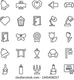 Thin Line Icon Set - left arrow vector, pennant, butterfly, garden light, heart, tulip, themes, bell, sertificate, desk lamp, cushioned furniture, restaurant table, candle, outdoor, door, pennon