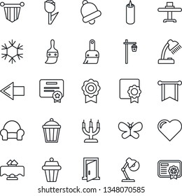Thin Line Icon Set - left arrow vector, pennant, butterfly, garden light, heart, tulip, themes, bell, sertificate, desk lamp, cushioned furniture, restaurant table, candle, snowflake, outdoor, door
