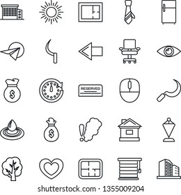 Thin Line Icon Set - left arrow vector, sun, pennant, mouse, tree, house, sickle, heart, eye, office chair, tie, plan, building, reserved, water, smoke detector, jalousie, fridge, money bag, clock
