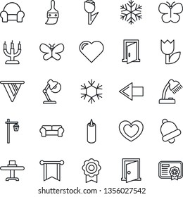 Thin Line Icon Set - left arrow vector, butterfly, garden light, heart, tulip, themes, bell, sertificate, desk lamp, cushioned furniture, restaurant table, candle, snowflake, door, pennon