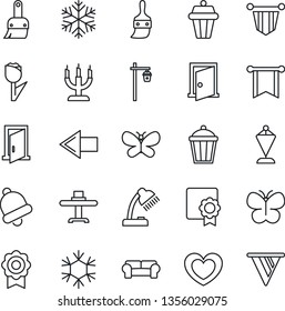 Thin Line Icon Set - left arrow vector, pennant, butterfly, garden light, heart, tulip, themes, bell, sertificate, desk lamp, cushioned furniture, restaurant table, candle, snowflake, outdoor, door
