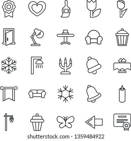 Thin Line Icon Set - left arrow vector, butterfly, garden light, heart, tulip, themes, bell, sertificate, desk lamp, cushioned furniture, restaurant table, candle, snowflake, outdoor, door, pennon