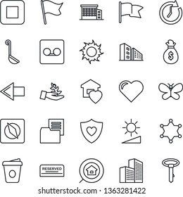 Thin Line Icon Set - left arrow vector, coffee, butterfly, sun, heart, shield, folder document, stop button, record, brightness, compass, office building, estate search, sweet home, reserved, ladle