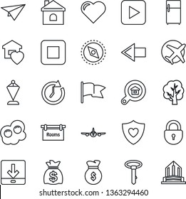 Thin Line Icon Set - left arrow vector, plane, lock, pennant, money bag, tree, house, heart, shield, play button, stop, download, compass, rooms, estate search, sweet home, omelette, fridge, clock