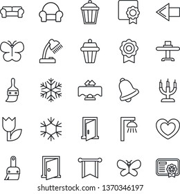 Thin Line Icon Set - left arrow vector, butterfly, garden light, heart, tulip, themes, bell, sertificate, desk lamp, cushioned furniture, restaurant table, candle, snowflake, outdoor, door, pennon