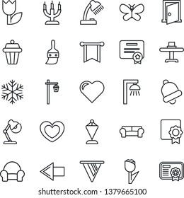 Thin Line Icon Set - left arrow vector, pennant, butterfly, garden light, heart, tulip, themes, bell, sertificate, desk lamp, cushioned furniture, restaurant table, candle, snowflake, outdoor, door