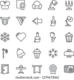Thin Line Icon Set - left arrow vector, pennant, butterfly, garden light, heart, tulip, themes, bell, sertificate, desk lamp, cushioned furniture, restaurant table, candle, snowflake, outdoor, door