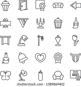 Thin Line Icon Set - left arrow vector, pennant, butterfly, garden light, heart, tulip, themes, bell, sertificate, desk lamp, cushioned furniture, restaurant table, candle, outdoor, door, pennon