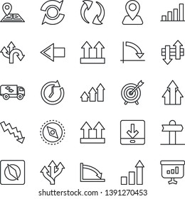 Thin Line Icon Set - left arrow vector, growth statistic, crisis graph, route, signpost, navigation, up side sign, update, data exchange, download, compass, bar, moving, target, clock, presentation