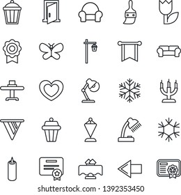 Thin Line Icon Set - left arrow vector, pennant, butterfly, garden light, heart, tulip, themes, sertificate, desk lamp, cushioned furniture, restaurant table, candle, snowflake, outdoor, door