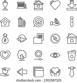 Thin Line Icon Set - left arrow vector, pennant, coffee, tree, house, heart, hand, eye, plane, folder document, download, brightness, compass, blank box, tie, office building, estate search