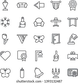 Thin Line Icon Set - left arrow vector, pennant, butterfly, heart, tulip, themes, bell, sertificate, desk lamp, cushioned furniture, restaurant table, candle, snowflake, outdoor, door, pennon
