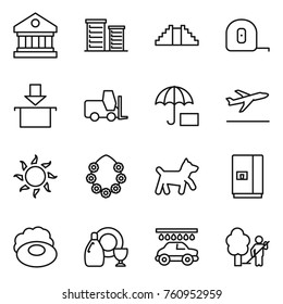 Thin line icon set : library, district, pyramid, measuring tape, package, fork loader, departure, sun, hawaiian wreath, dog, fridge, soap, dish cleanser, car wash, garden cleaning