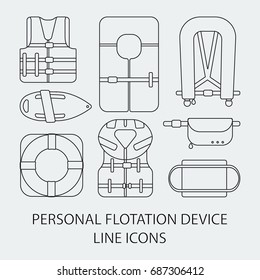 Thin line icon set - Life jackets types vector flat icons, big set of outline design different types of floatation devices isolated on the white background, vector illustration