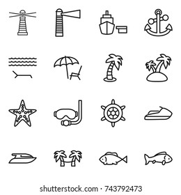 thin line icon set : lighthouse, port, anchor, lounger, palm, island, starfish, diving mask, handwheel, jet ski, yacht, hammock, fish