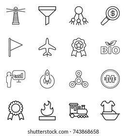 thin line icon set : lighthouse, funnel, share, dollar magnifier, flag, plane, medal, bio, presentation, rocket, spinner, crypto currency, flammable, train, handle washing